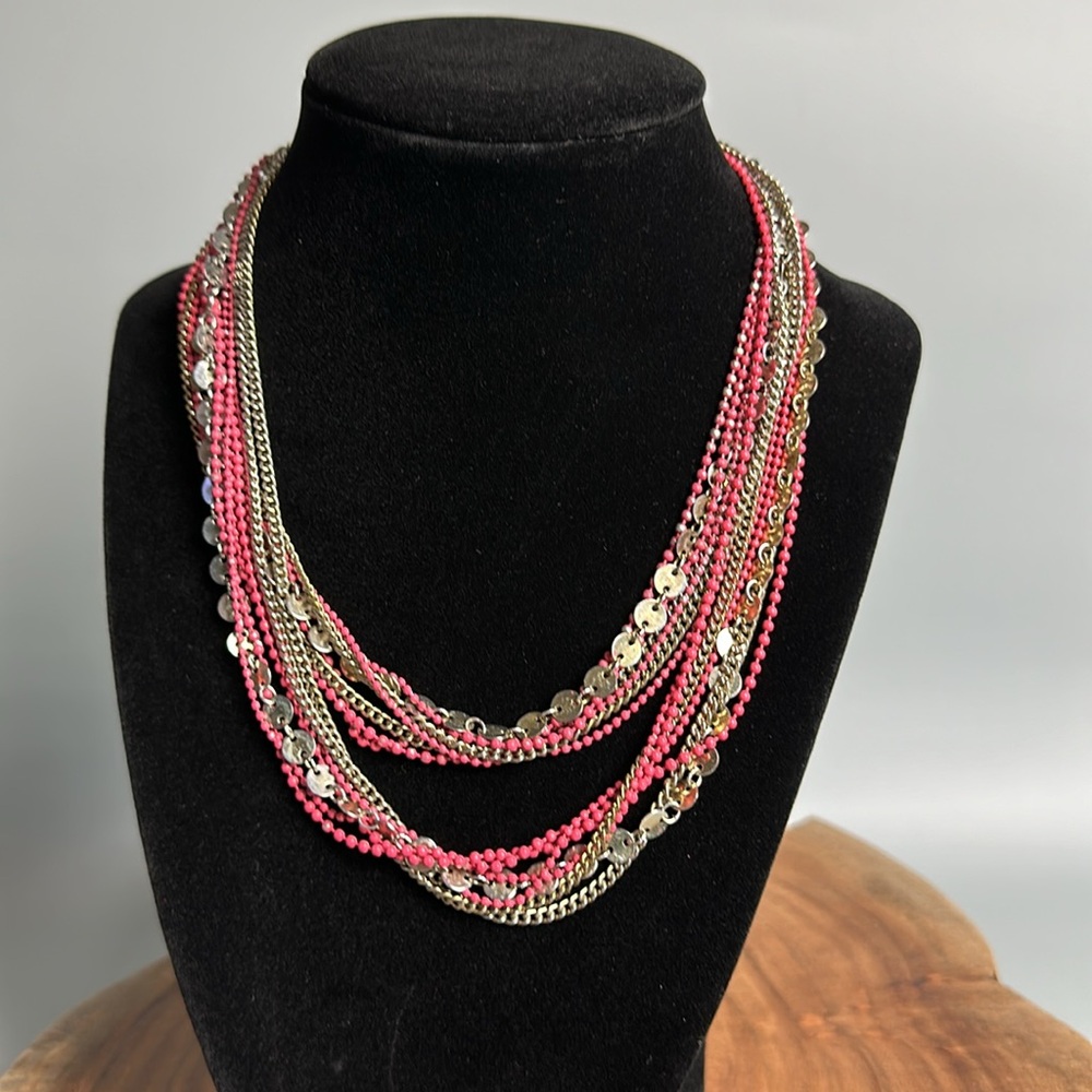 Long Multi-Stranded Silver and Salmon Necklace